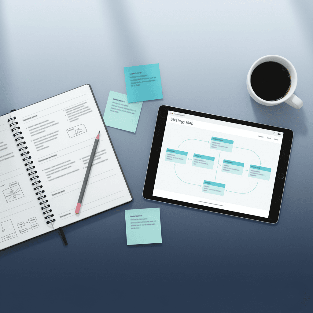 Top-down desk scene with strategy map UI